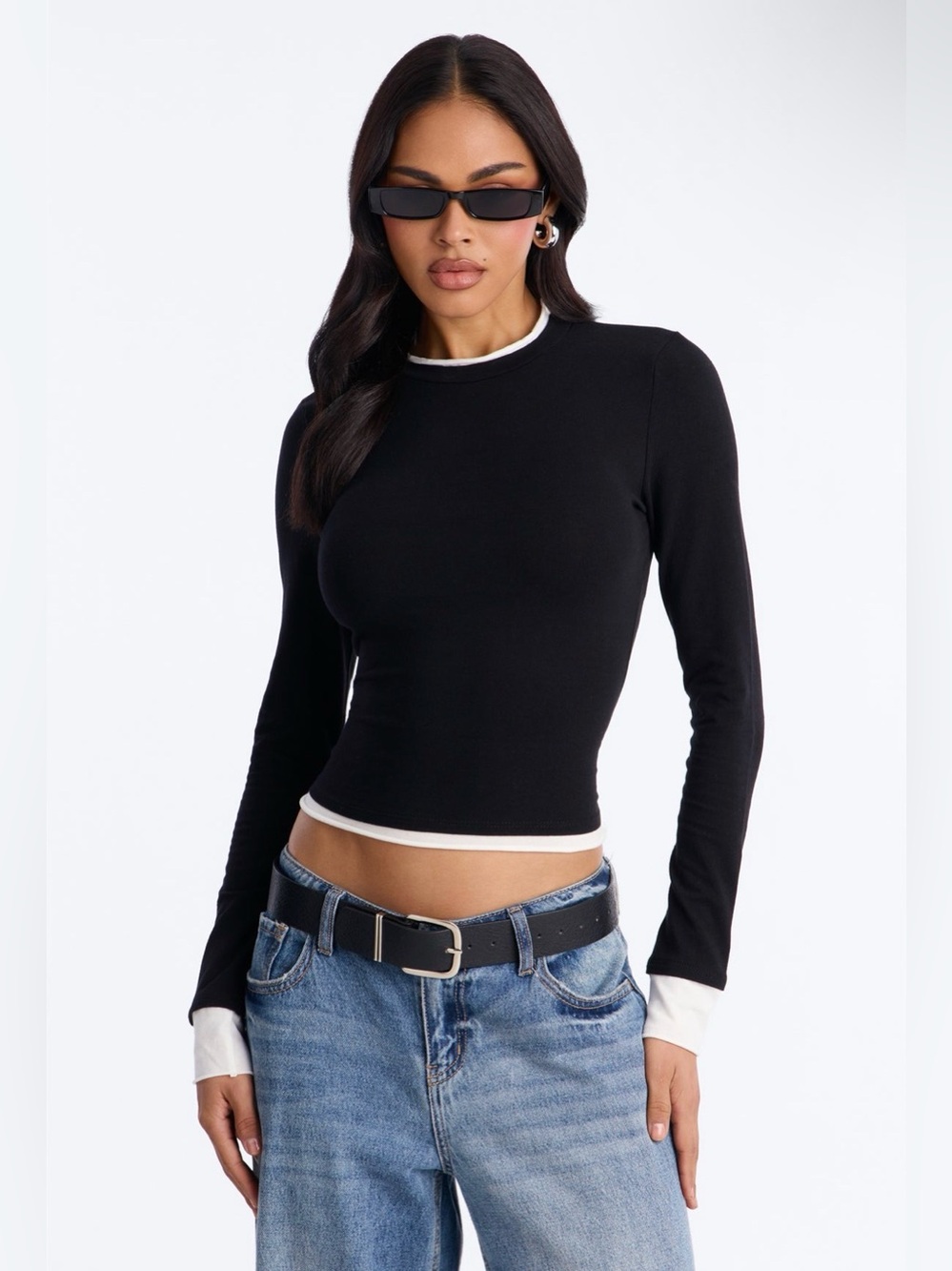 Fashion Nova Black Long-Sleeve Crew Top with White Trim